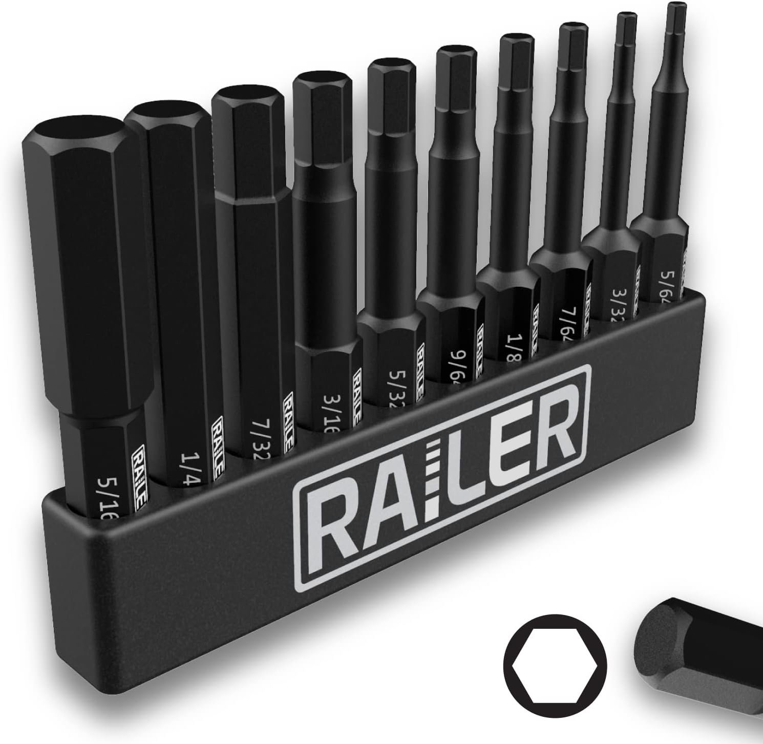 10 Pack SAE Hex Head Allen Wrench Drill Bit Set. Premium S2 Steel 2 Inch SAE Hex Bit Set With Quick Release Shank and a Storage Bitrail - Great for Ikea Type Furniture