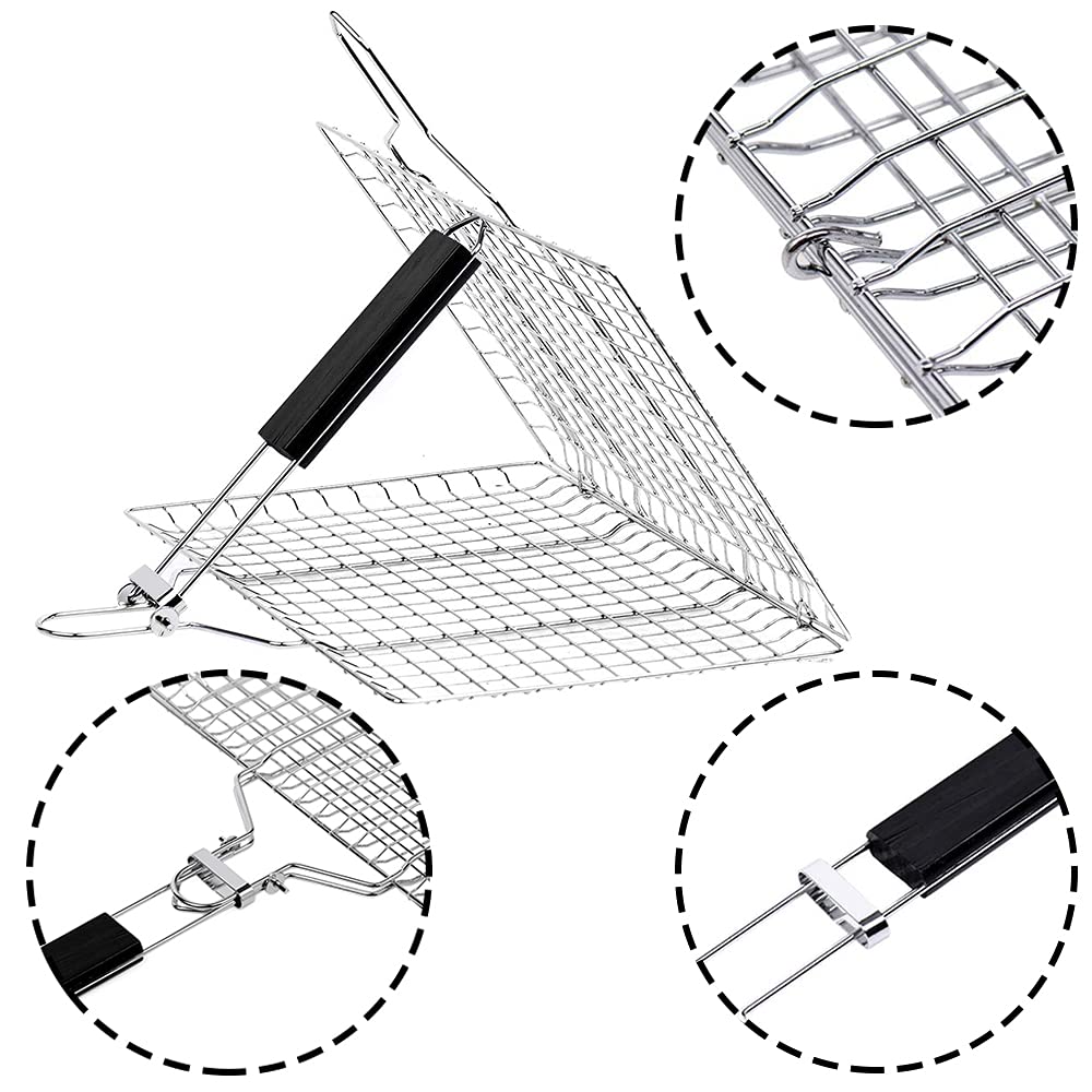 Panier à Griller En Acier Inoxydable pour Barbecue - Pliable avec Poignée Amovible pour Poisson, Steak, Crevette