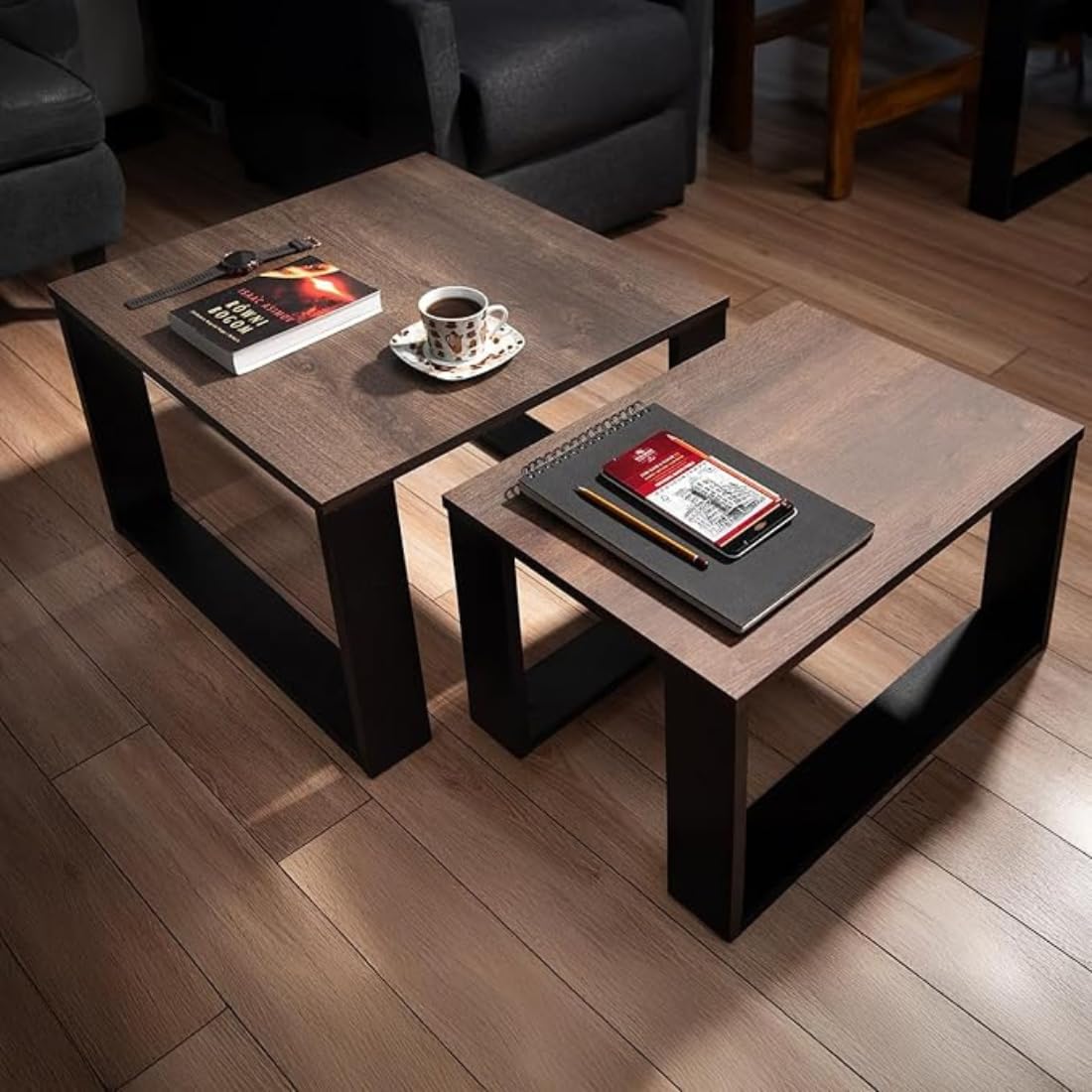 Wooden Expert Living Room Table Wood,Coffee Table Set of 2 in 2 Sizes,Side Table Wood,Table for Sofa with Black Frame and Wooden top,Side Tables for Living Room Set,Coffee Table,Side Table (Walnut) 1