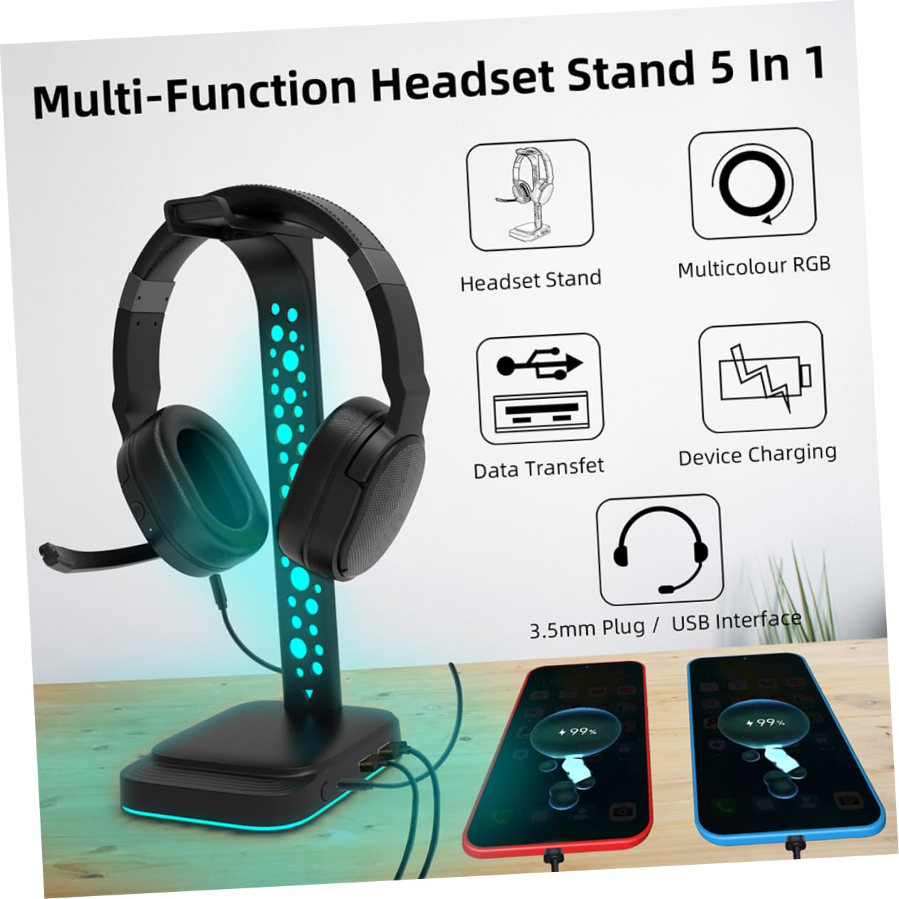 SHINEOFI Supporto Per Cuffie Led Hub Usb Multiuso Per Pc Da Gioco Supporto Per Cuffie Da Tavolo Luce Regolabile