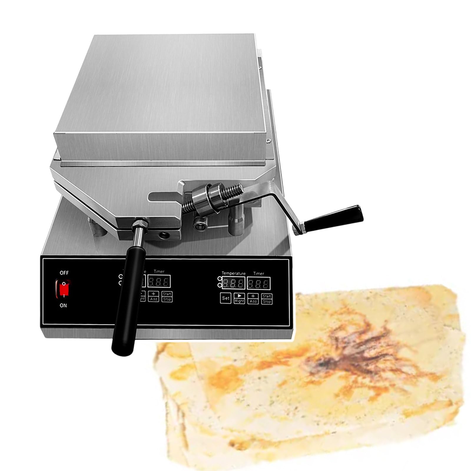 Máquina eléctrica para hacer tortitas de marisco con calor regulable, prensa de cocción de doble cara para uso comercial.