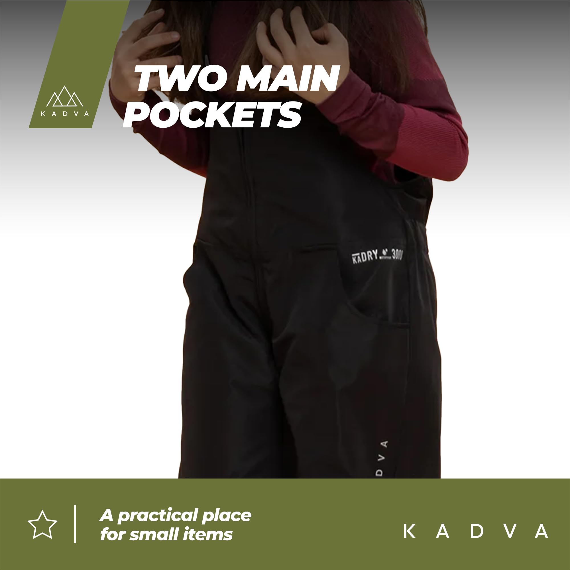 KADVA Skihose für Kinder SKIRO Pants JR in Schwarz Größe 110 cm Wasser- und Winddicht mit offenen Taschen und Hosenträgern Ausgestattet mit reflektierenden Elementen und Logo