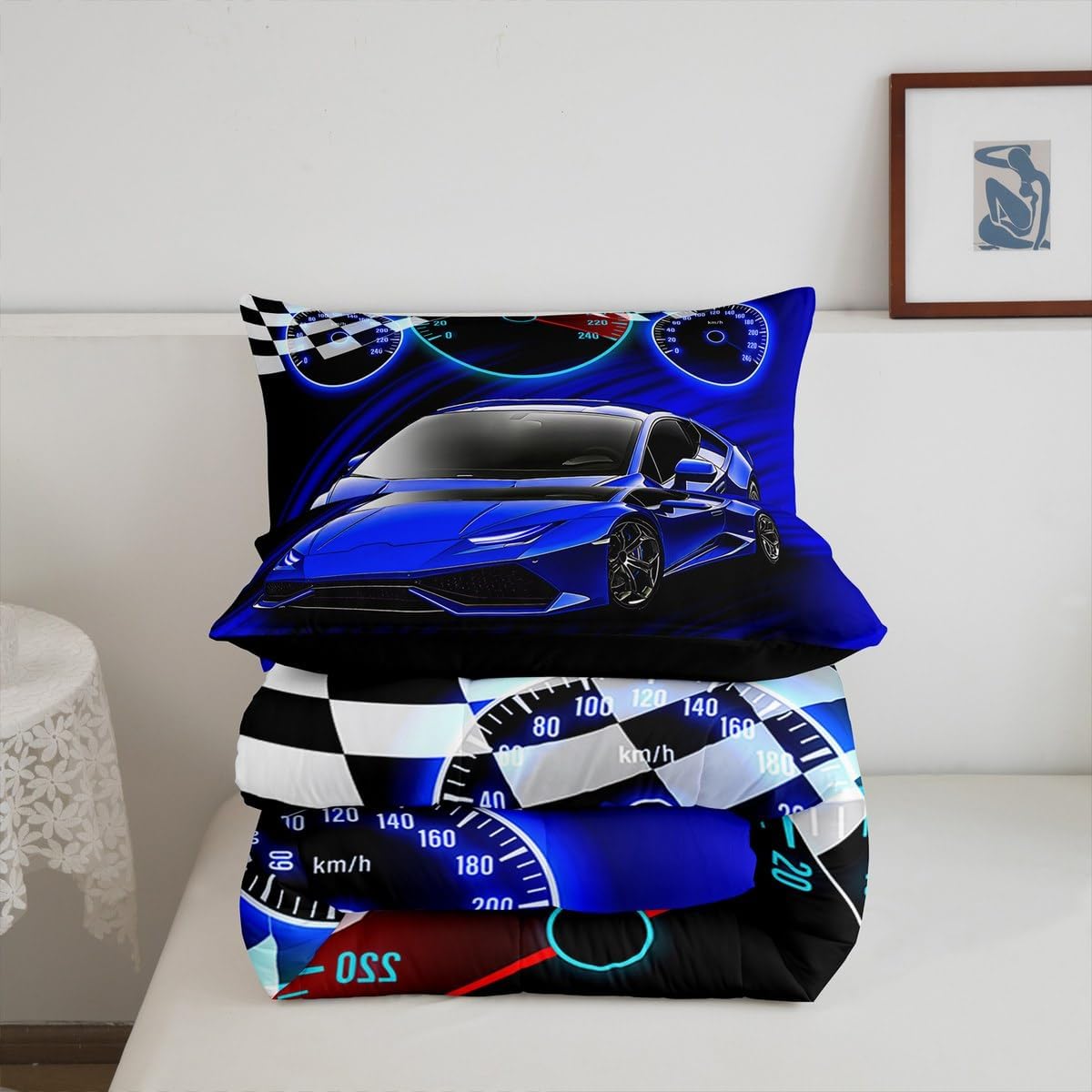 Feelyou Blue Race Car Bedding Set for Kids Boys Girls Twin Size Extreme Sports Comforter Set Teen Adult Ultra Soft Speed Sports Car Comforter Cool Car Duvet Quilt Bedroom Decor Racing Car Quilt