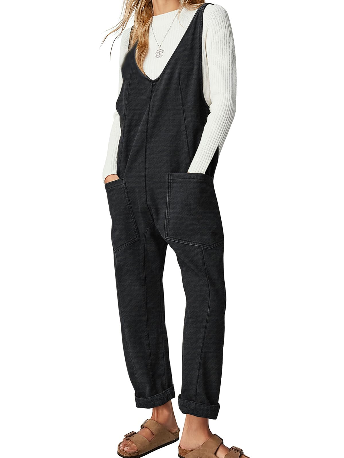 EXLURA Womens High Roller Denim Bib Jumpsuits Casual Loose Sleeveless Baggy Overalls Jeans Pants Jumpers with Pockets