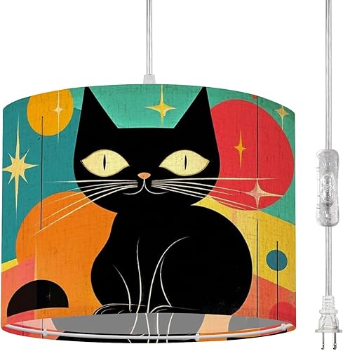 Boho Plug in Pendant Light Mid Century Modern Black Cat Vintage Retro Atomic Aesthetic 16.4ft Plug in Cord Dimmable Hanging Lamp Fabric Lamp Shade