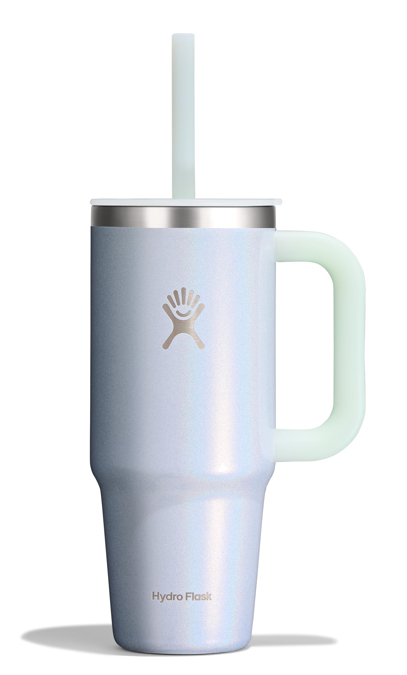 Hydro Flask Travel Tumbler with Handle, Lid and Straw - Insulated Stainless Steel in 24 Oz Glimmer Blue