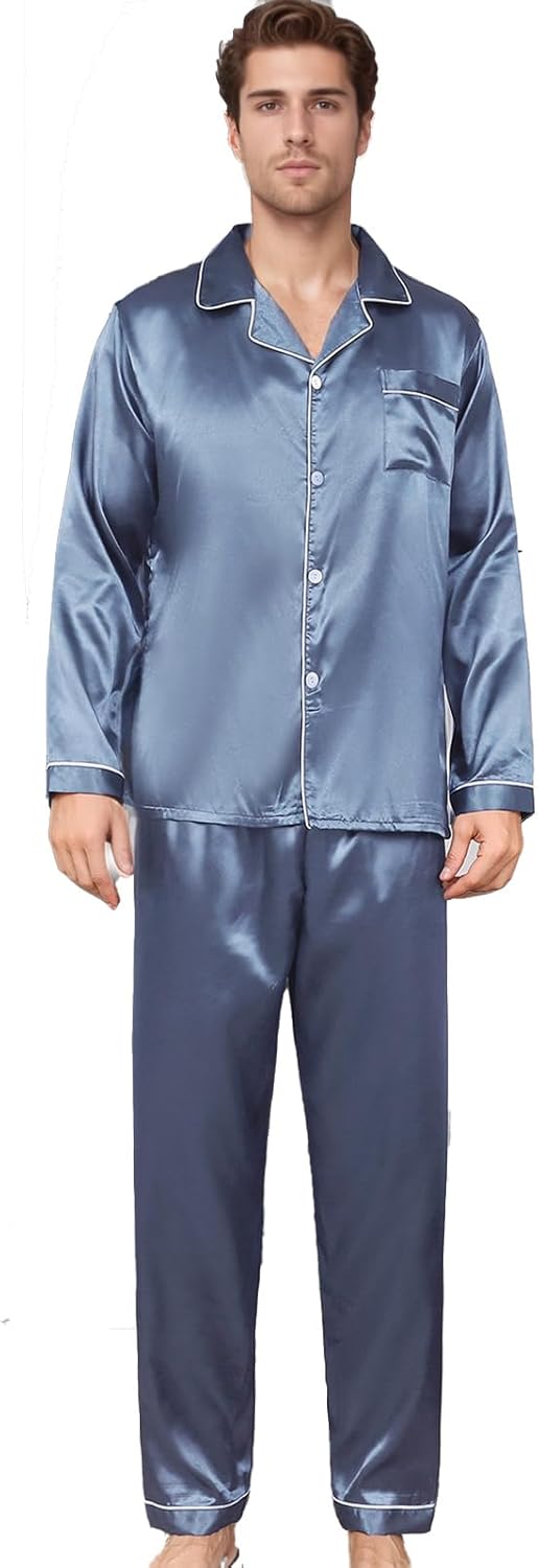 ShuiGod-Mens Silky Satin Pajamas Set Long Sleeve Top and Long pants Nightwear Button-Down Pj Sets Sleepwear