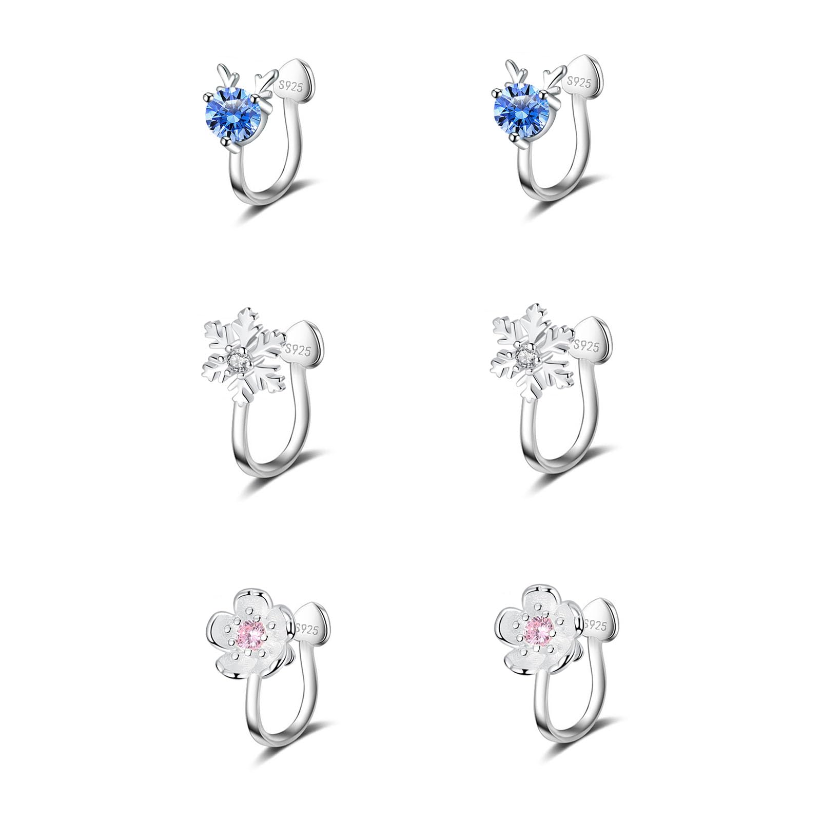 3 Paia Orecchini Clip per Donna Bambina Zirconi Orecchini Fiore e Fiocco di Neve Argento Ear Cuff Fiore Orecchino Senza Buco Piccoli Finti Orecchino in Argento 925 Donna Brillante Anallergici
