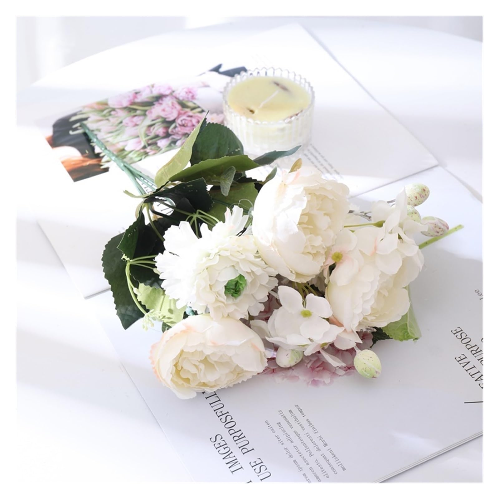 Gv8pA5fj7b Ready Arranged Flowers in Vase White Silk Rose Artificial Flowers Bouquet Wedding Home Decoration Fake Peony Flower Arrangement(D)