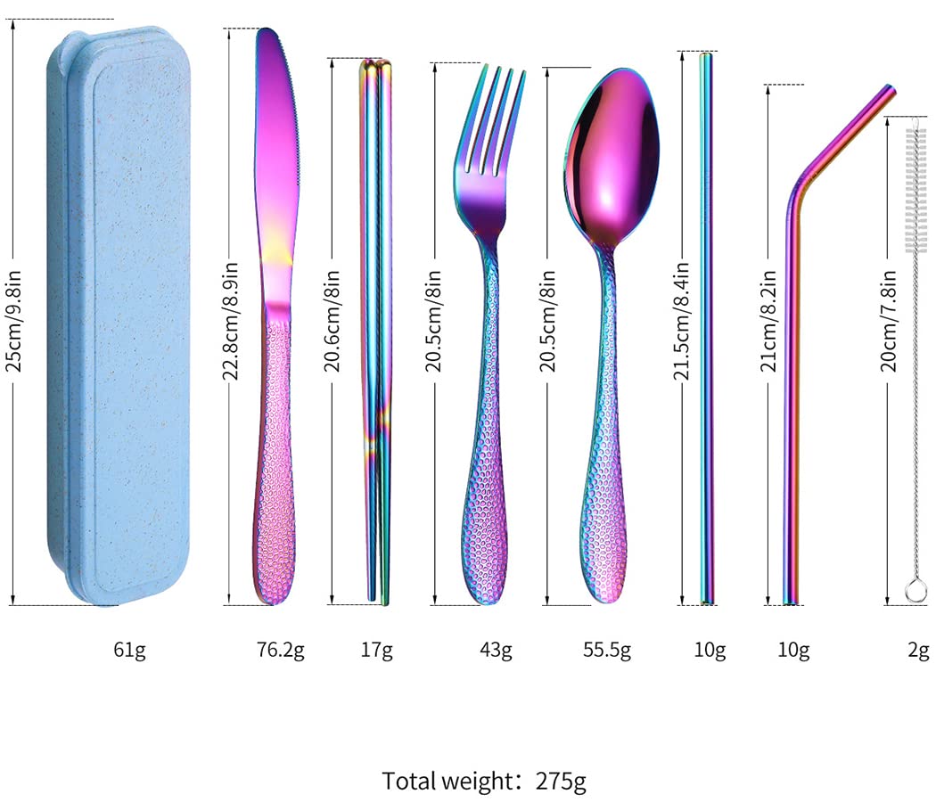 XIAOYU Set di posate portatili da 7 pezzi, set di utensili da campeggio da viaggio, set di posate martellate riutilizzabili, inclusi forchetta /coltello/cucchiaio/bacchette/cannucce, arcobaleno