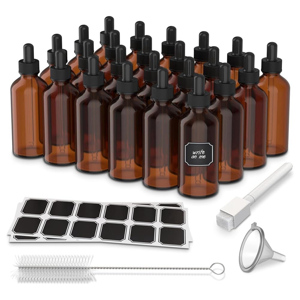 Paquete de 24 Frascos Cuentagotas de Vidrio áMbar, Frasco Cuentagotas áMbar de 4 Onzas con Cuentagotas para de Tintura una Prueba de Fugas de Aceite