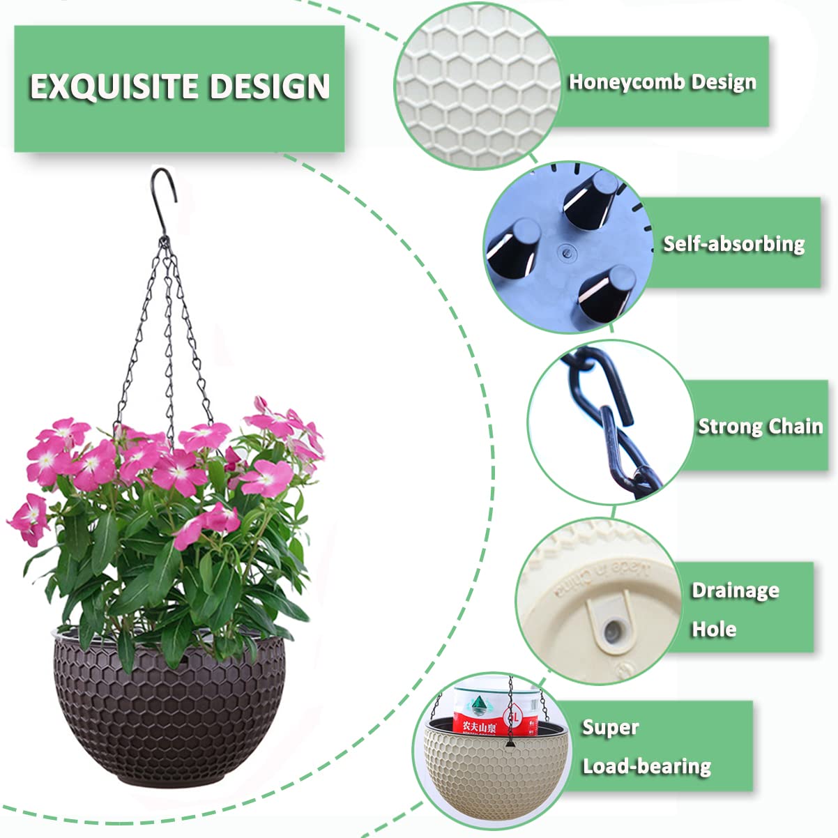 Lot de 3 pots de fleurs suspendus, auto-arrosage, pots de fleurs suspendus avec réservoir d'eau et trou de drainage, nid d'abeille chaînes en acier inoxydable intérieur et extérieur