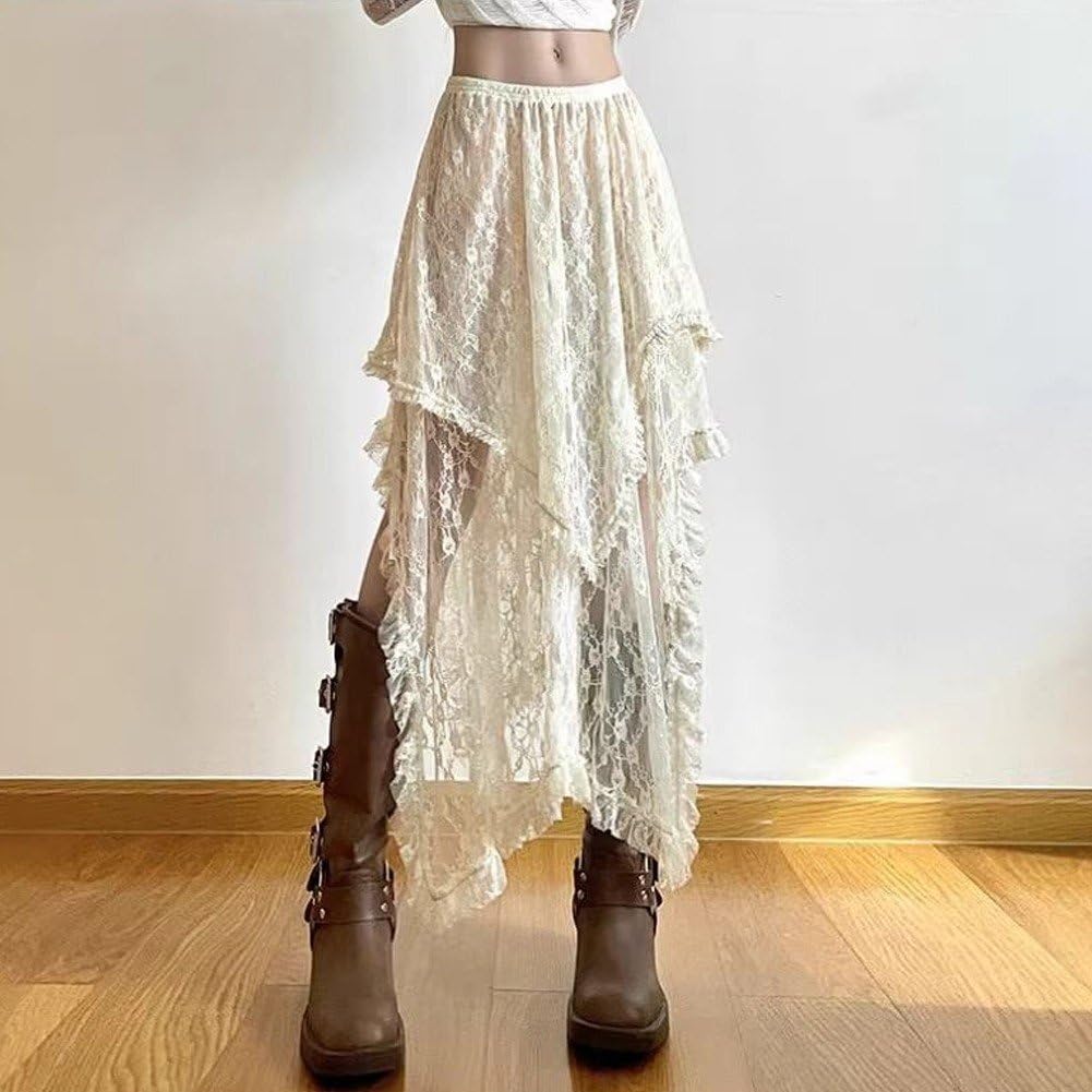 Amazon.com: Vjnyvs Lace Asymmetrical Skirt Vintage Y2k Multi