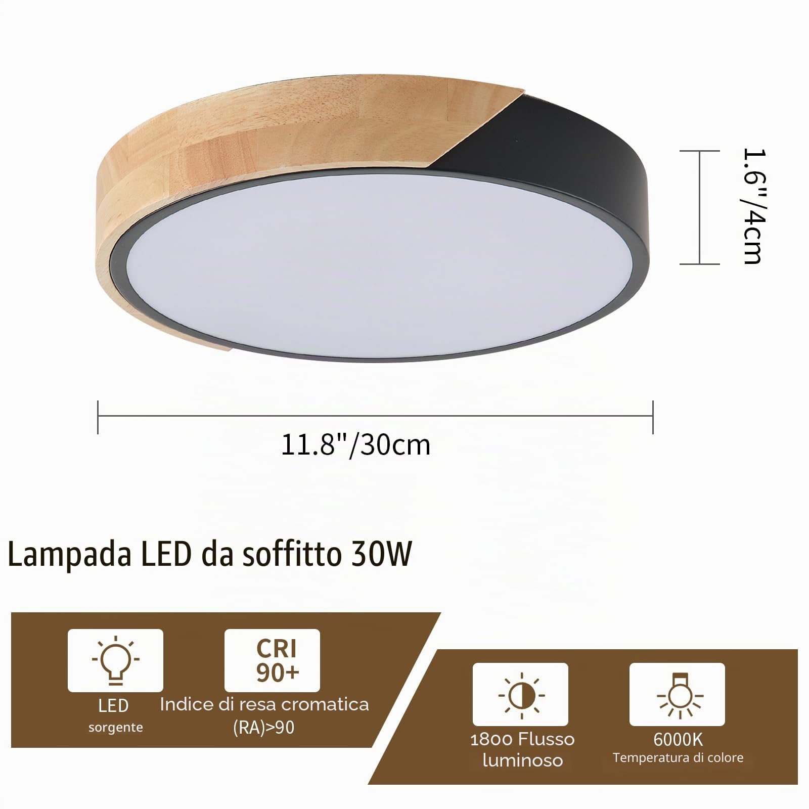 Plafoniera LED Soffitto Legno Nera 24W Rotonda Ø30cm 2 Pezzi 6500K | Lampada soffitto LED moderna ultra sottile, 2000lm 6500K luce bianca, plafoniera per camera soggiorno cucina corridoio