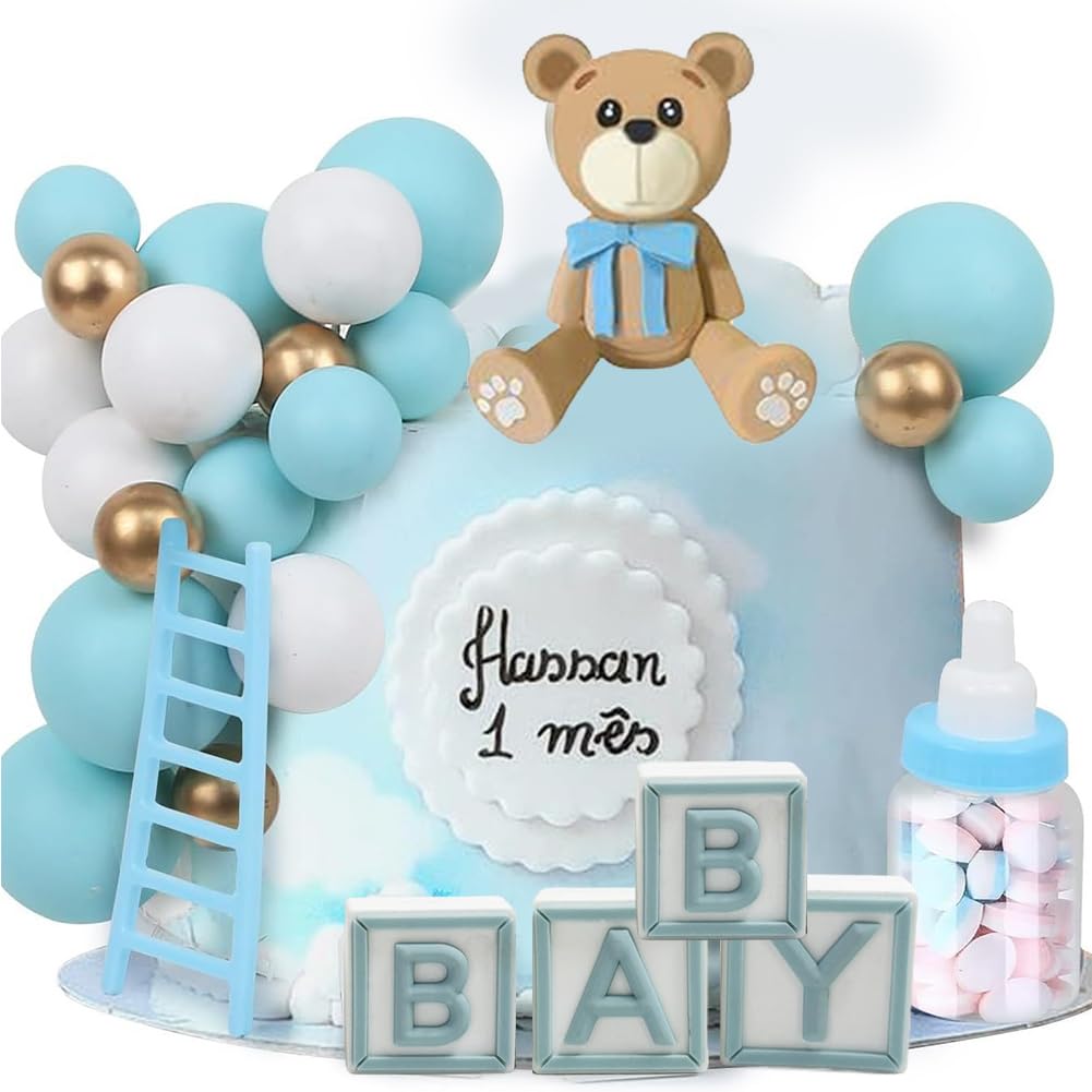 22PCS Cute Bear Pearl Balls Cake Decoration with Mini Bear Cake Topper,Blue Theme DIY Decorations With Baby bottle,Staircase,Pearl Balls for Birthday Party,Gender Reveal, Baby Shower Supplies