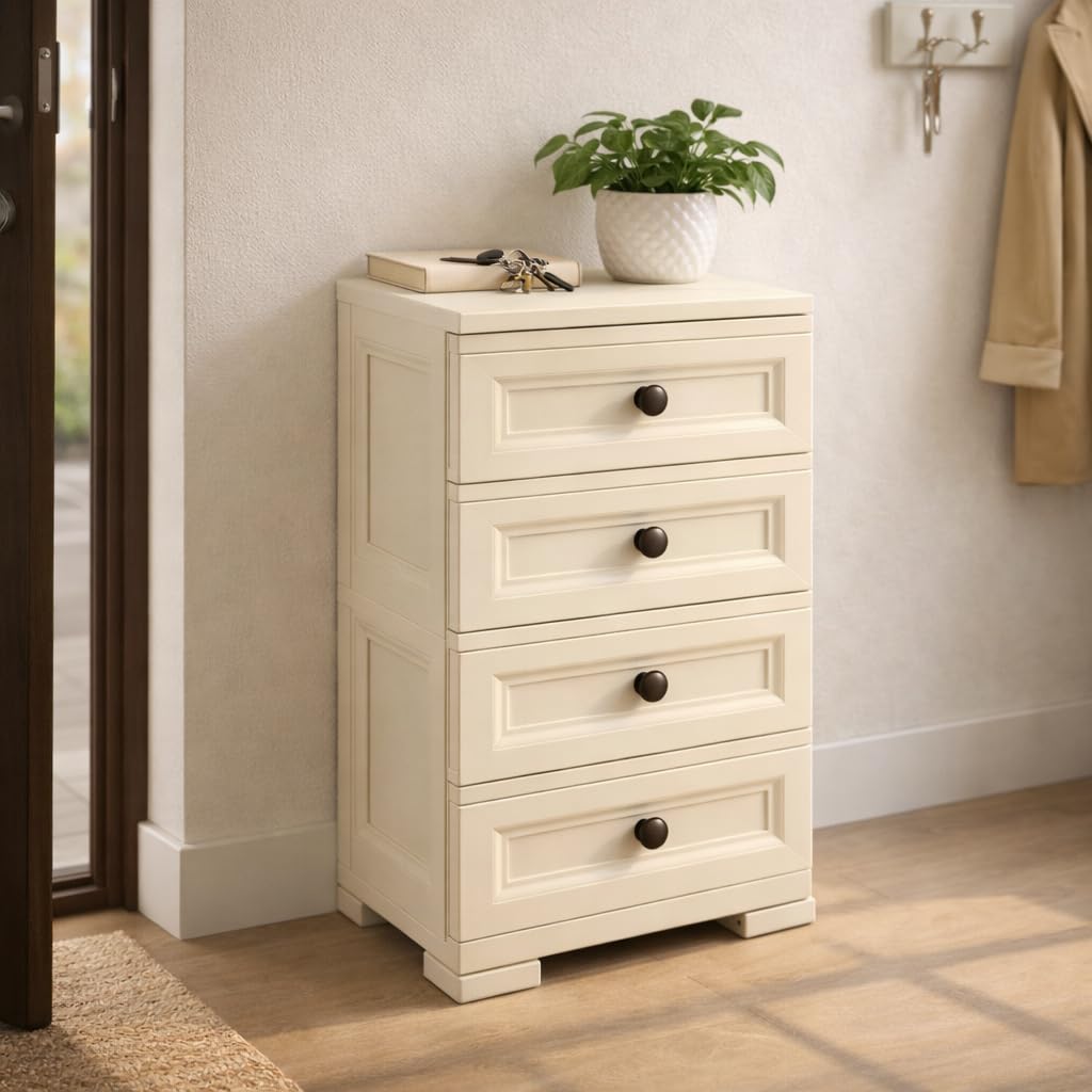 Cassettiera Alta in Plastica con 4 Cassetti Piccoli, Mobile Contenitore Compatto per Organizzazione Casa, Cassettiera Salvaspazio per Ingresso e Zona Giorno, 40x43x85,5 cm (Angora)