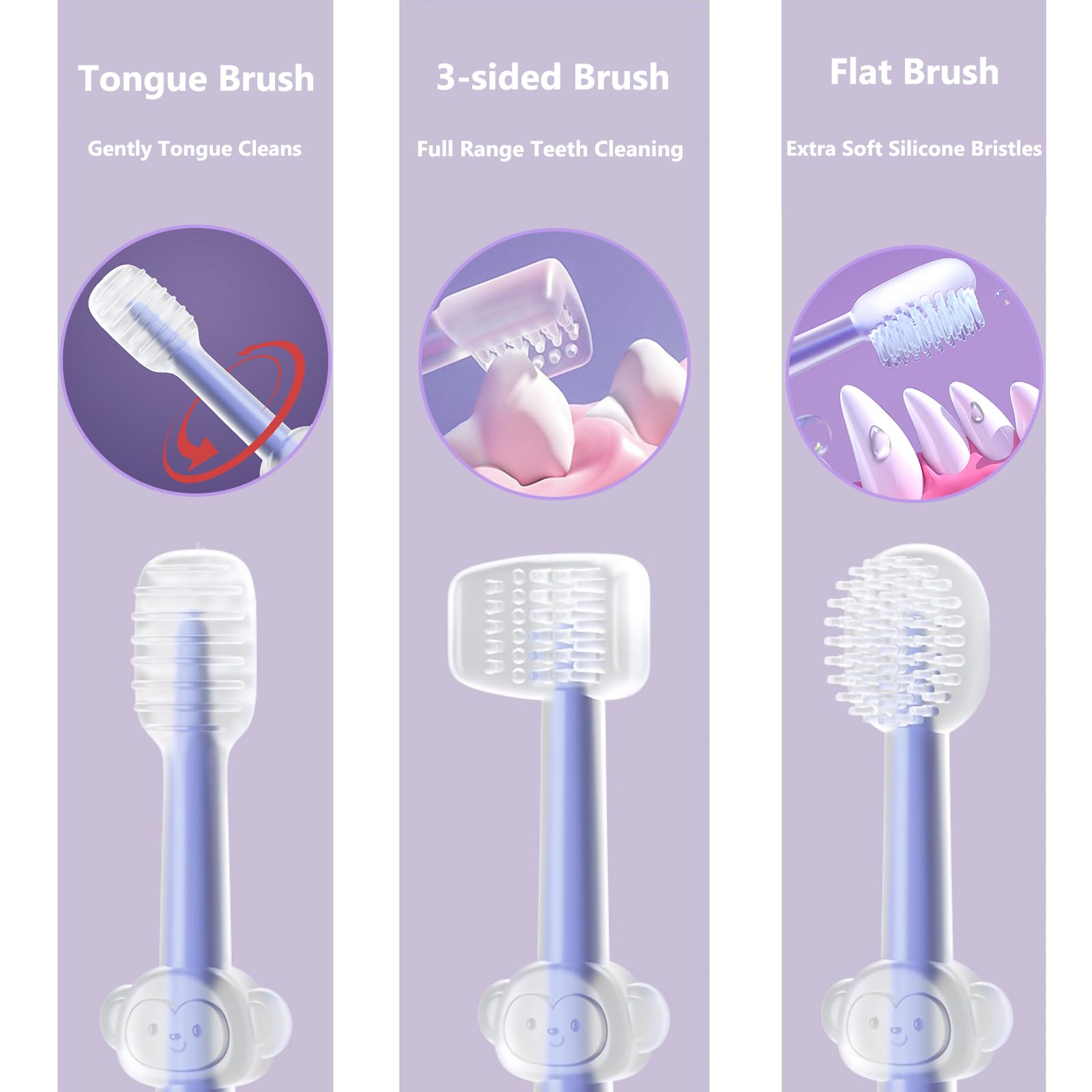 3 Pack Multi Angle Dog Toothbrush with Case for Small Dog & Cat, Soft Silicone Dog Tooth Brushing Kit for Puppies & XSmall Breed, Durable Dog Dental Care to Remove Plaque for Teeth Cleaning. (Purple)