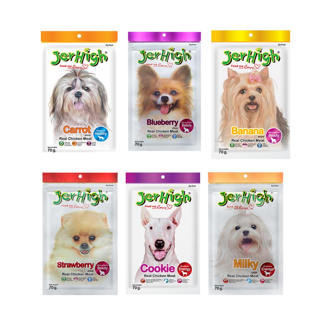 Jerhigh Real Stick Chicken Food with Blueberry, Carrot, Strawberry, Milky, Banana and Cookie Flavor Combo Set for Dogs Treat All Life Stages (70g) - 6 Pack by DogsNCats (B0CGTY8F8H) Amazon Price History, Amazon Price Tracker