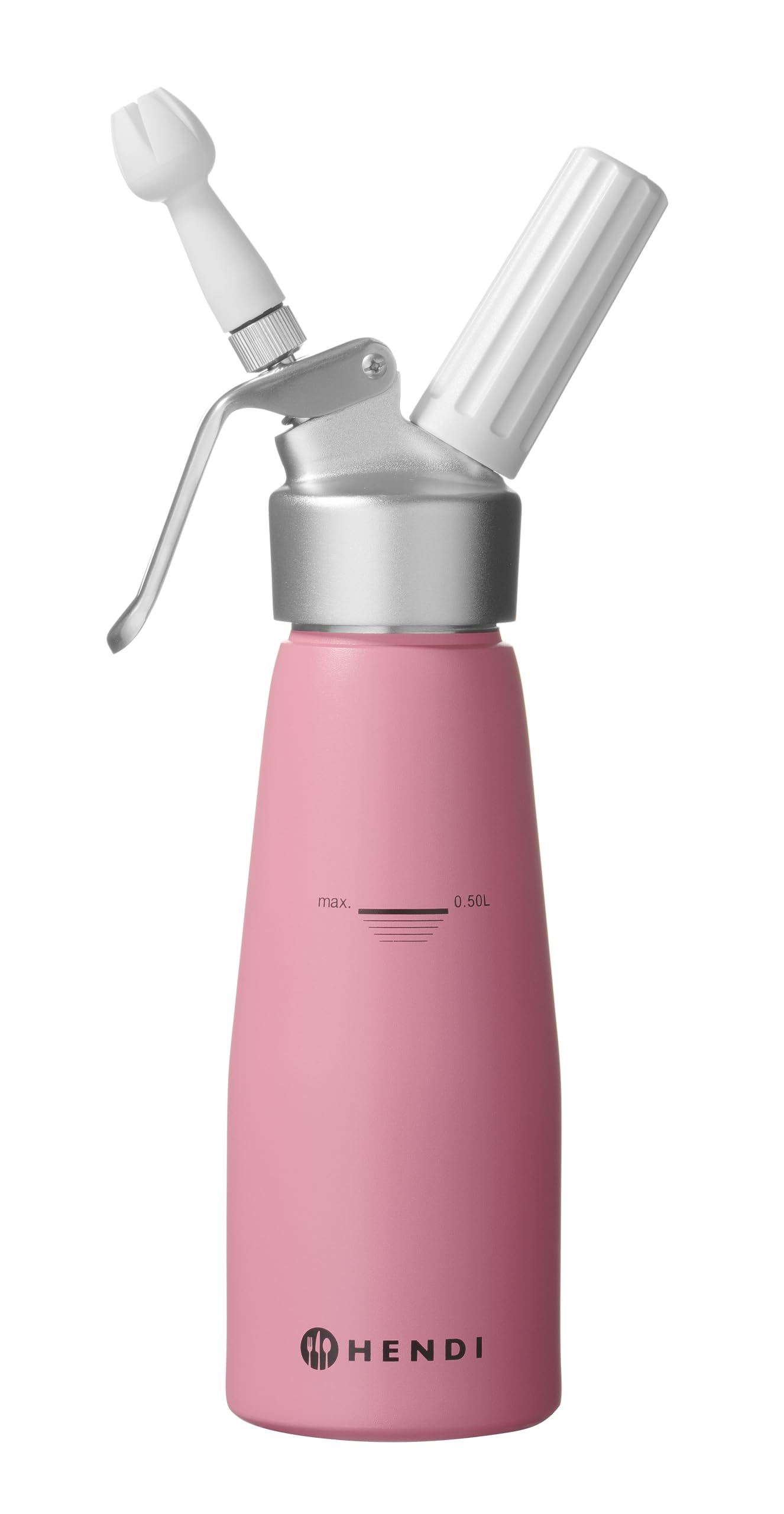 HENDI Sahnespender, Inklusive Set aus 3 Polypropylen Spritztüllen und Reinigungsbürste, Sahne-Mousses-Desserts-kalten Schäumen, Sahnesyphon, 0,5L, ø80x(H)260mm, Aluminium, Pastellrosa