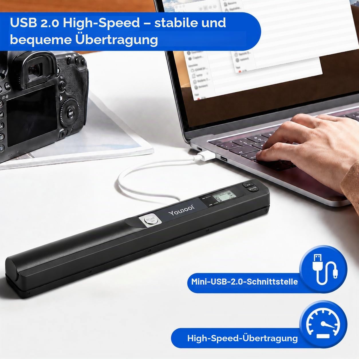 Handscanner Dokumentenscanner, A4 900 DPI Hohe Auflösung Farbfoto Portable Scanner, JPG/PDF Format USB 2.0 Mobiler Scanner Tragbarer Dokumentenscanner für Dokumente Quittungen Fotos (Schwarz) | Hohe Auflösung Portable Scanner USB 2.0 Mobiler Scanner Tragb