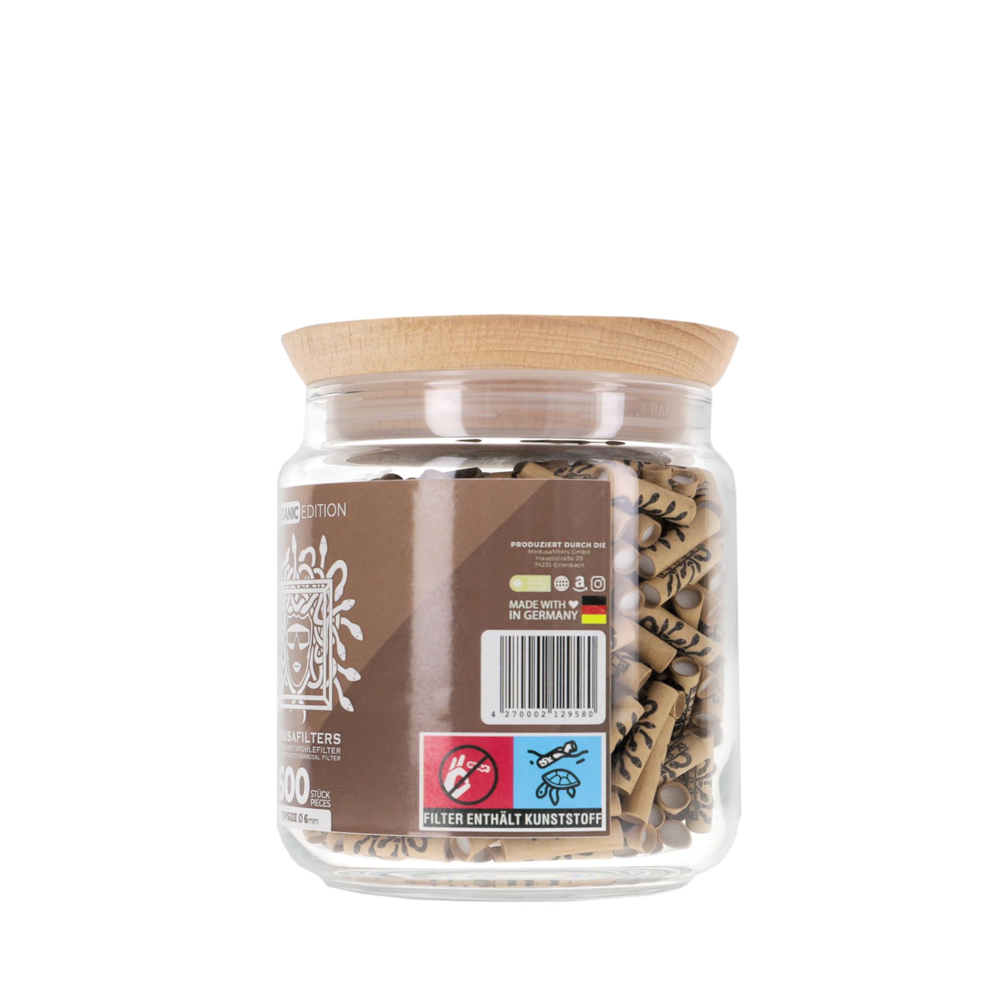 Medusafilters 500 Stück Aktivkohlefilter 6mm Slim im wiederverwendbaren Glas – Kokos-Aktivkohle mit neuen schmaleren Cellulose-Kappen, 25 mm, Made in Germany (Organic Edition)