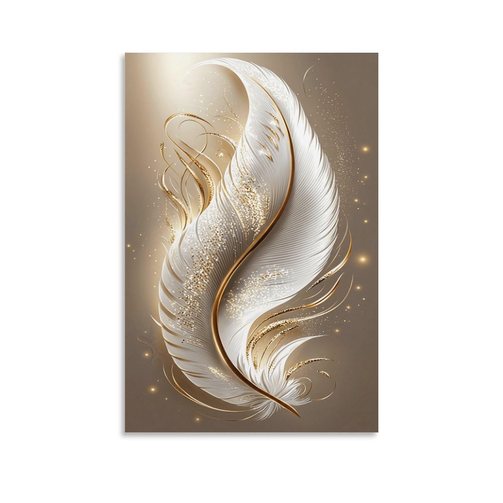 XPASHIQWC White & Gold Feather Poster Artwork Giclee Canvas Prints Modern Canvas Wall Art Picture Wall Hanging for Bedroom Living Room Decor 20x30inch(50x75cm)