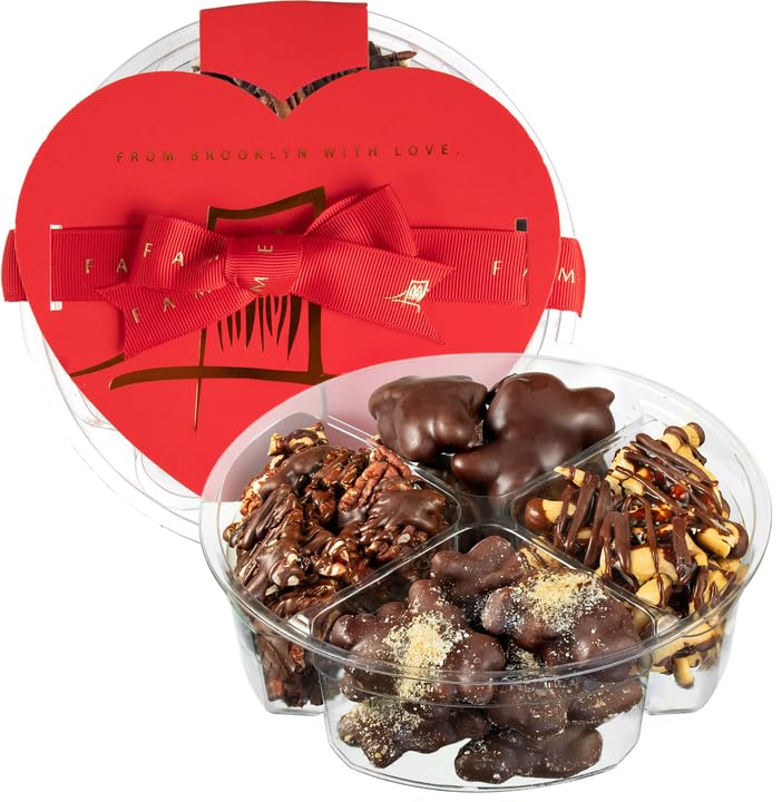 Nut Clusters Chocolate Gift Box - Assorted Caramel Brittles, Pecan Patties, Almond & Cashew Clusters, Kosher Dairy Free Nuts and Chocolates Basket, Dark Chocolate Covered Nuts Valentines Day Baskets Gifts