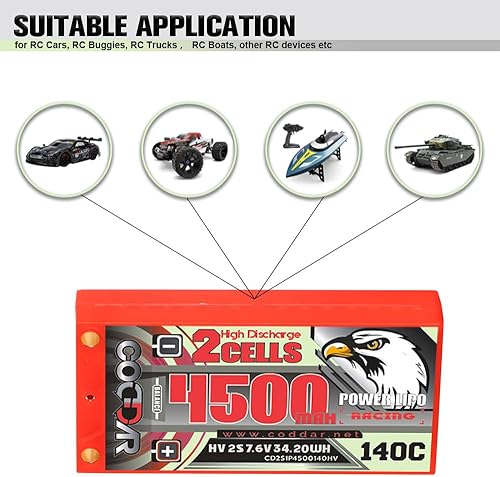 Miniatura 5 de Batería LiPo de 4500mAh 2S 7.6V 140C HV con conector de bala de 0.197 in para escala 110 RC Cars RC Racing Drone FPV Quads Quadcoper