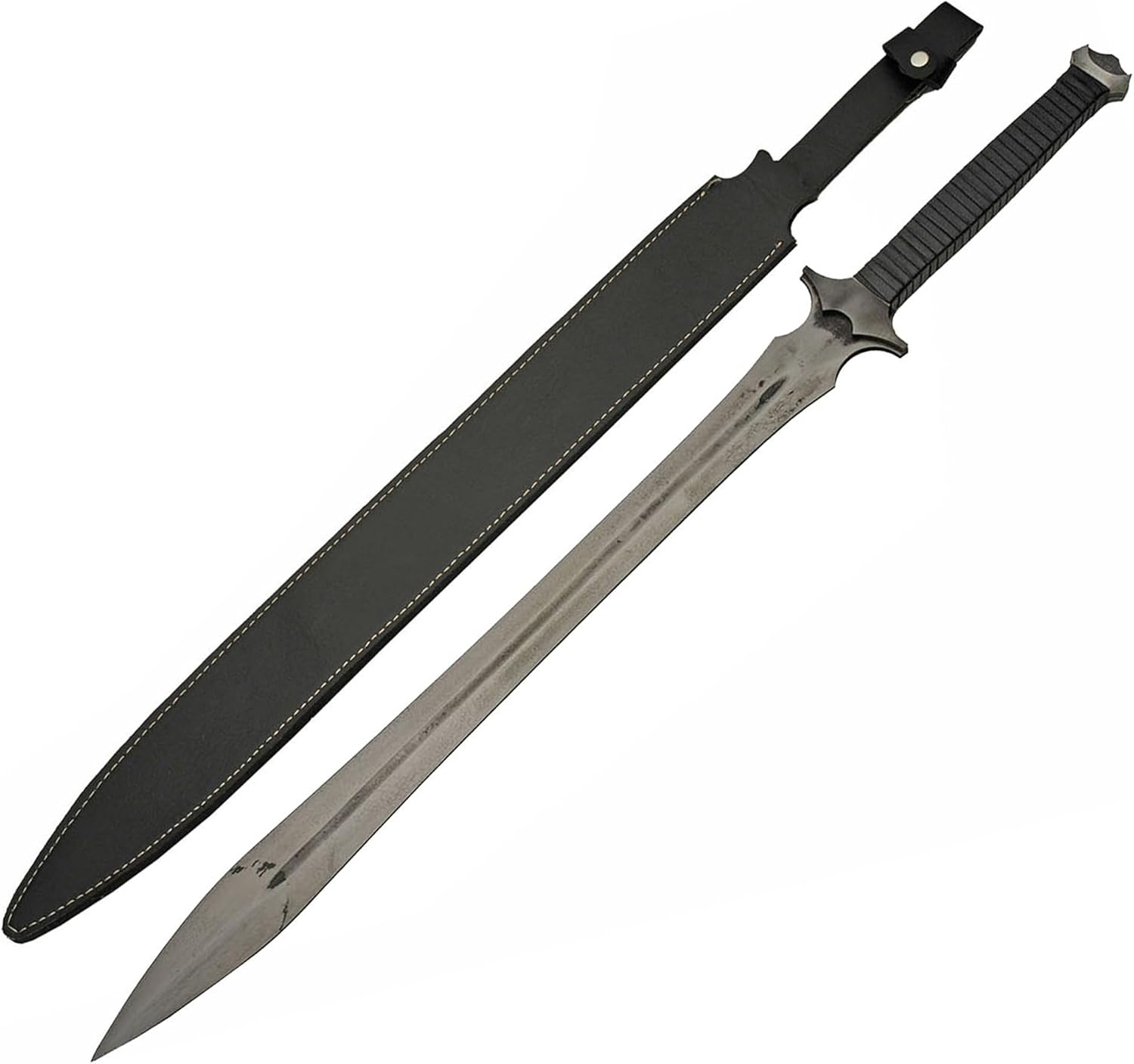 SZCO 37” Dark Xiphos Sword – Full Tang Double Edged Medieval Replica Sword with Leather Sheath, Manganese Steel Blade, Leather Wrapped Handle – LARP, Cosplay, Renaissance, Display & Training