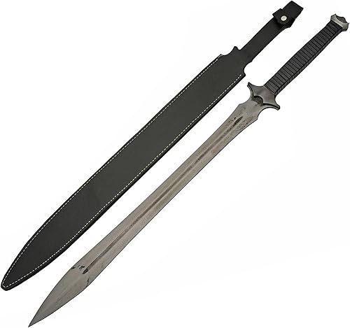 SZCO Espada Xiphos oscura de 37 pulgadas, réplica de espada medieval de doble filo con funda de cuero, hoja de acero al manganeso, mango envuelto en