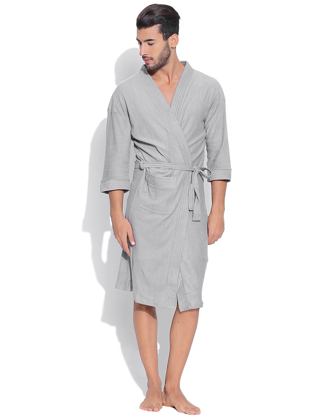 Sanddune Mens Bathrobe | Terry Cotton Shower Gown | short Sleeve Knee Length Gents Bath Robes | Pocket with Waist belt Mens Bathrobes | Grey Bathrobe - Large Size