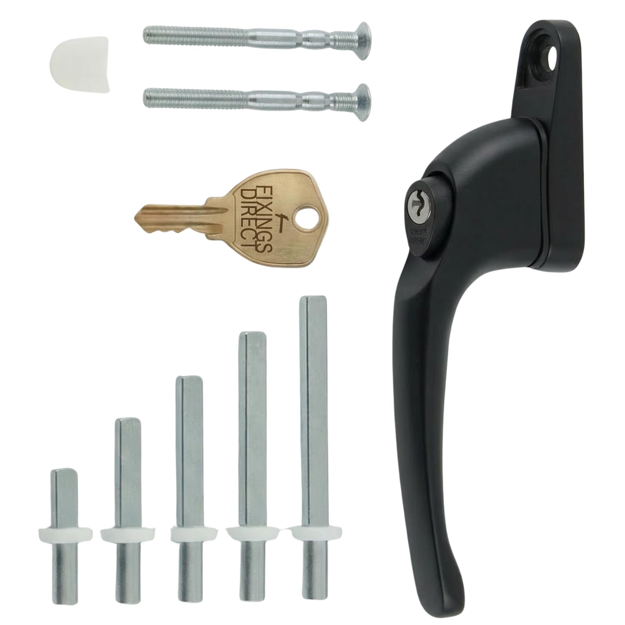 FIXINGS DIRECT] Universal Locking uPVC Window Handle with Keys, Espag Window Handle Replacement, Reversible Left or Right, 5 Spindles 10mm 15mm 20mm 30mm 40mm, White (Black)