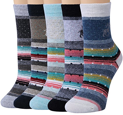 Womens Vintage Style Winter Warm Thick Knit Wool Cozy Crew Socks - 5 Pairs,One Size,Multicolor