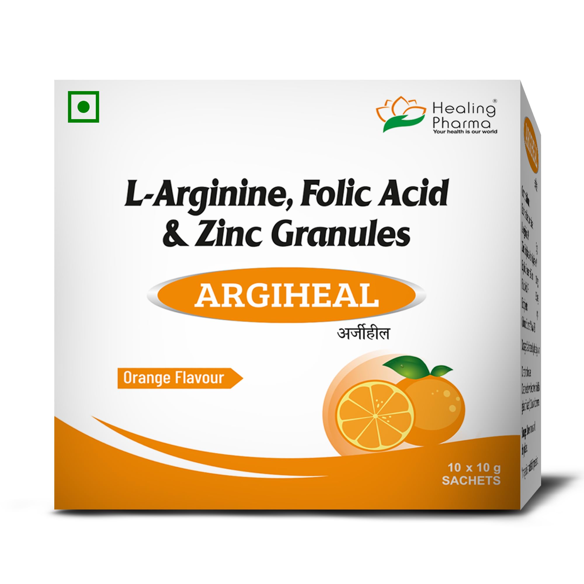 Healing Pharma - ARGIHEAL L-Arginine Powder Sachets - Sugar Free | Pre-workout Supplements for Men & Women | L-Arginine Supplement Powder | Orange Flavour - 10g (Pack of 10)