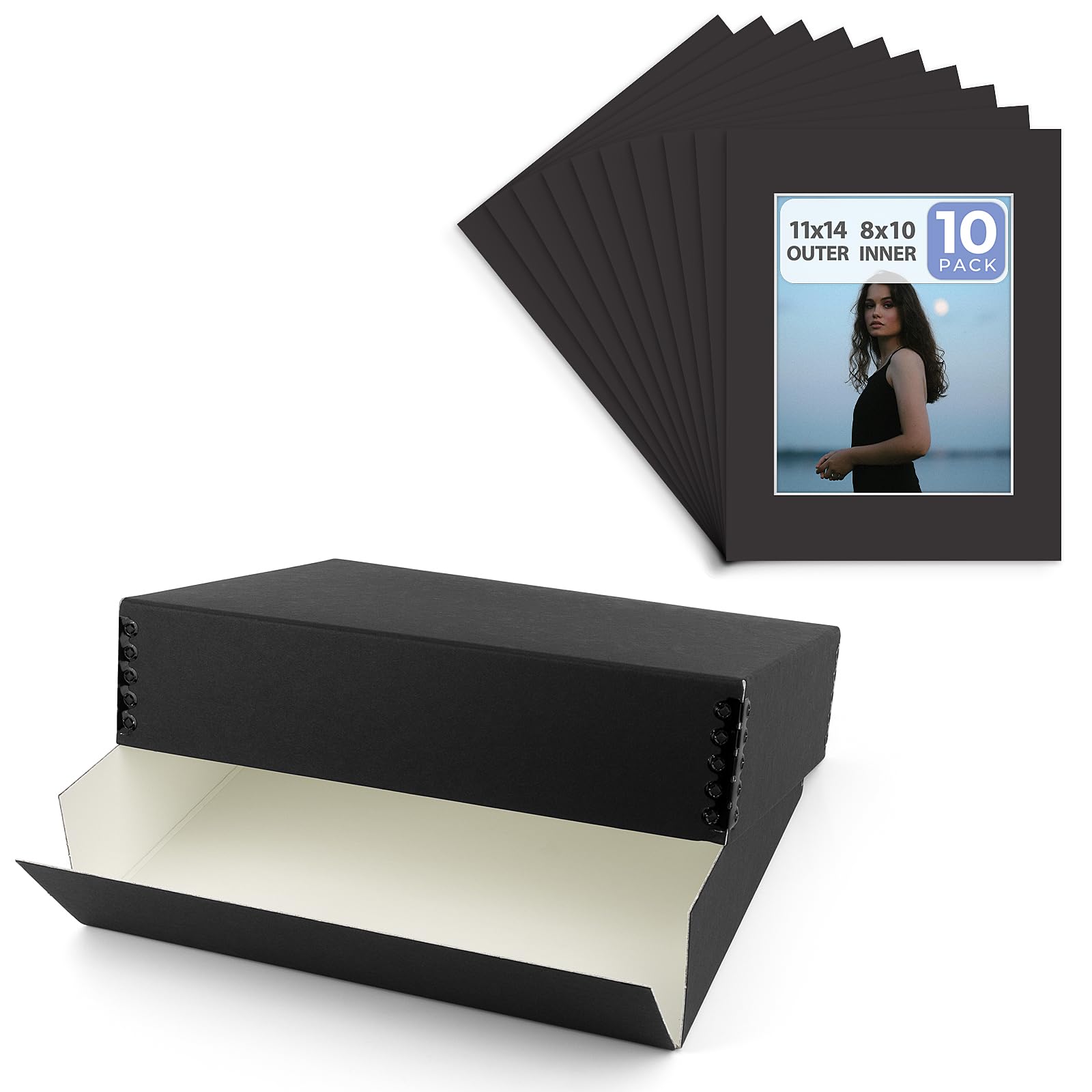Golden State Art11x14 Archival Storage Box Black, Drop Front Design with Pack of 10 11x14 Black Picture Mats, Used for Photos, Photographic Prints, Art Crafts and Important Documents