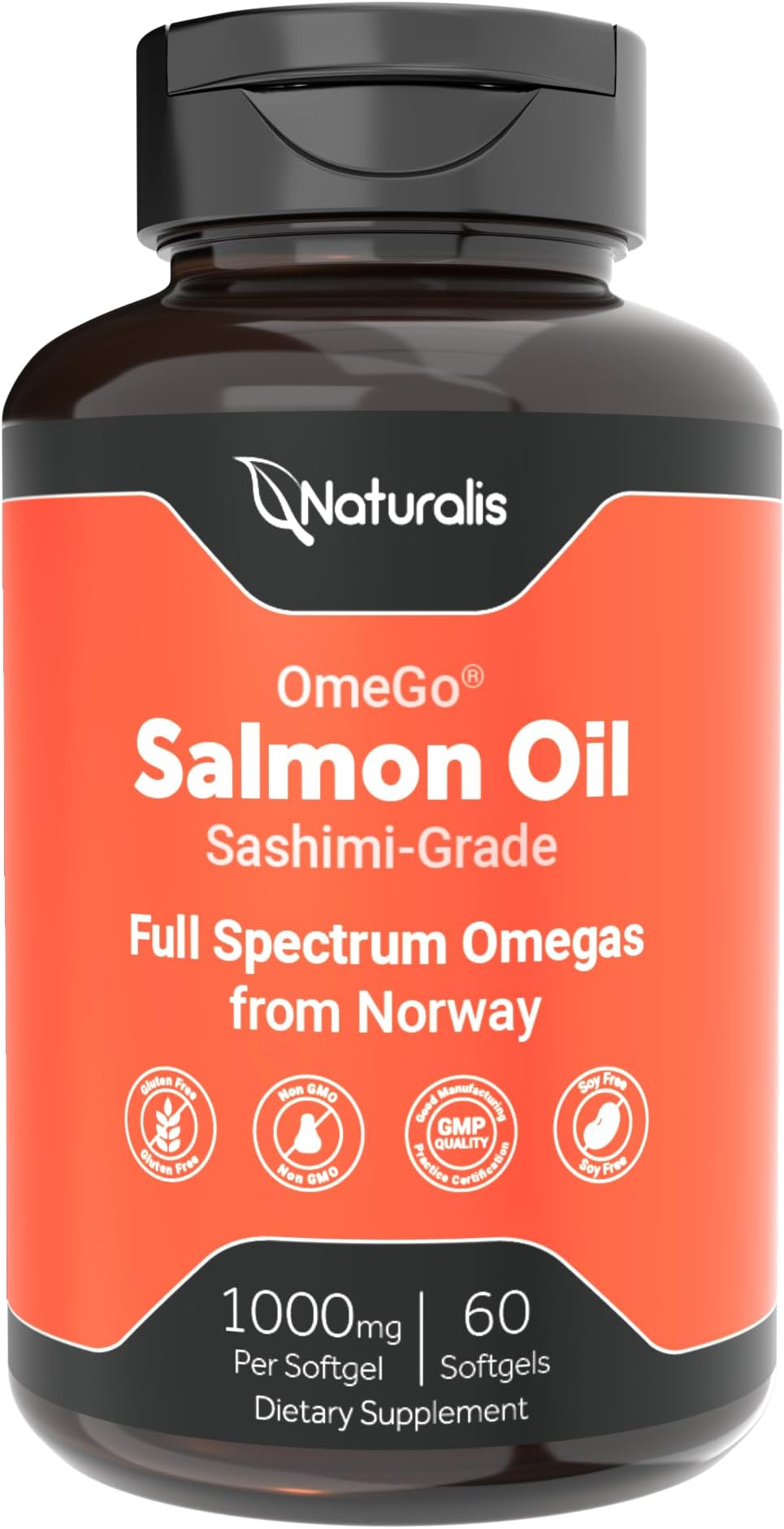 Naturalis Norwegian Sashimi-Grade Salmon Oil 1000mg | 100% Antibiotic Free, Non-GMO & Fully Traceable | Clinically Studied to Support Healthy Cholesterol Levels* | 60 Softgels