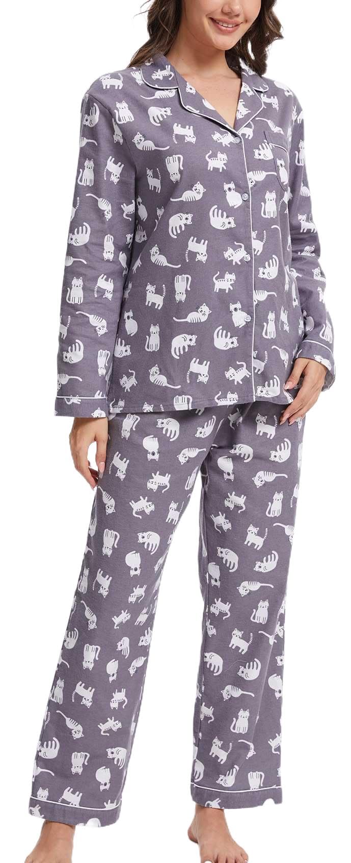 CHUNG Ensemble de pyjama en coton brossé à manches longues et pantalon boutonné en flanelle pour femme, vêtements de nuit confortables et chauds, grande taille