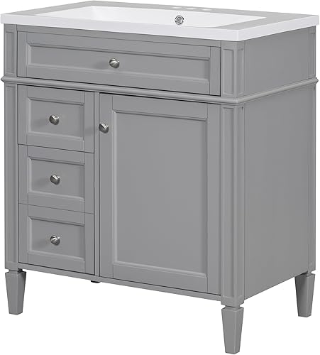 Miniatura 7 de LZ LEISURE ZONE Tocador de baño de 30 pulgadas con lavabo superior, armario de almacenamiento de baño moderno con 2 cajones y un cajón abatible,