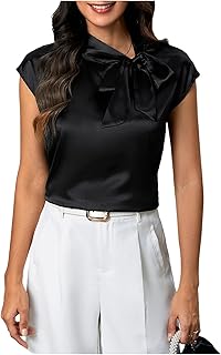 Blusa de satén para mujer, con cuello de corbata, manga casquillo, camisa de oficina de verano