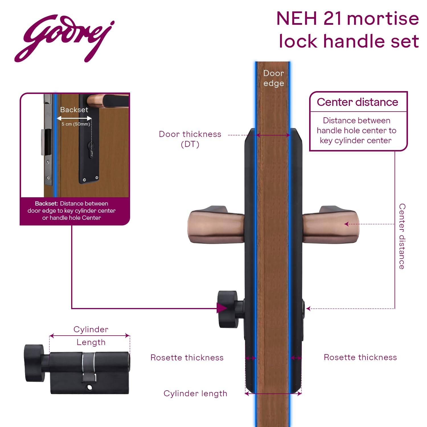 Godrej Mortise Lock|Handle Lock Set for Main & Internal Doors of Home & Office|NEH 21|Antique Brass Finish|10 Inch Lock Body | 60mm Cylinder, Outside Key & Inside Knob Operation|3 Keys|1Year Warranty — Amazon image 7
