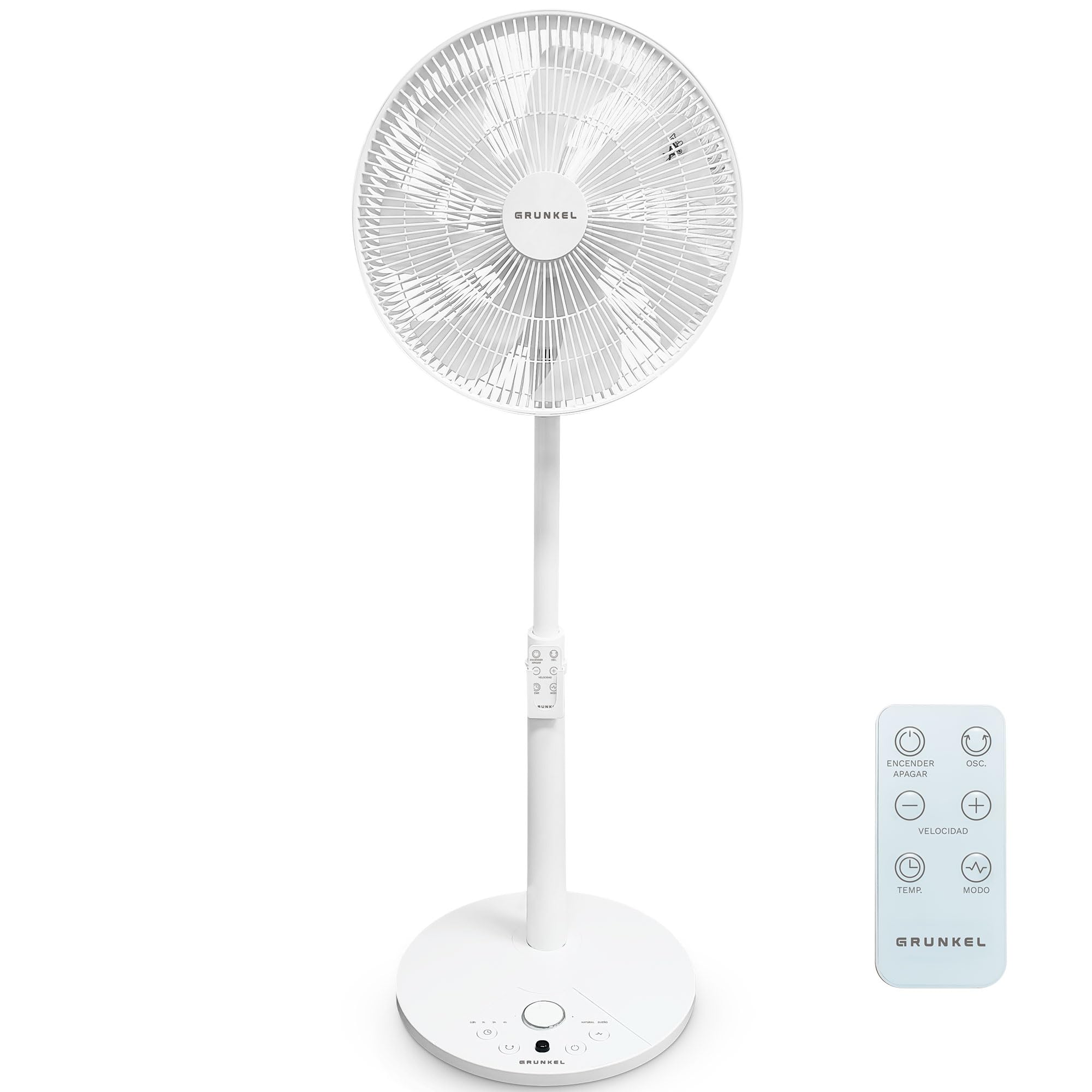 Grunkel Ventilador de Pie Ultrasilencioso PS de 36cm 14” | 12 Velocidades | 7 Aspas | Oscilación 100° | Temporizador 12h | Mando a Distancia | 30W (Blanco control cabezal)