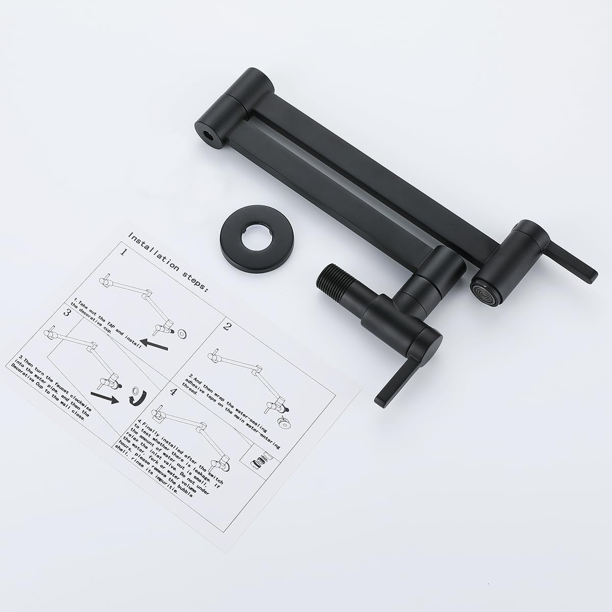 HomeLava Rubinetto da cucina nero a parete, Rubinetto riempitore per pentola, Rubinetto a muro in ottone Pieghevole, Girevole a 360°, 2 maniglie (nero)