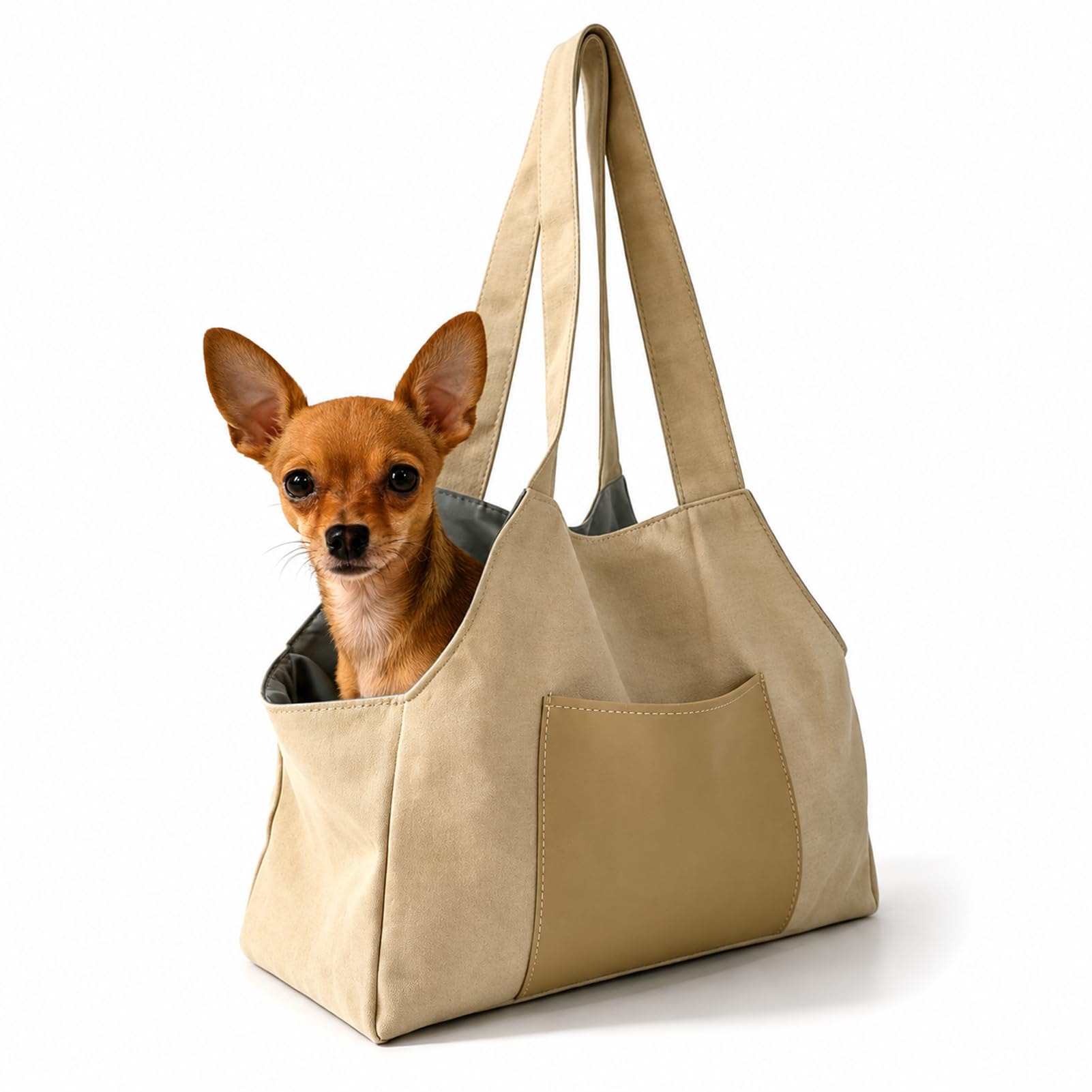 Denash Dog Purse Carrier for Small Pets, Soft Nylon Cat Travel Handbag with Safety Hook, Lightweight Foldable Puppy Carrier Bag for Up to 15lbs, Washable Shoulder Pet for (Beige)