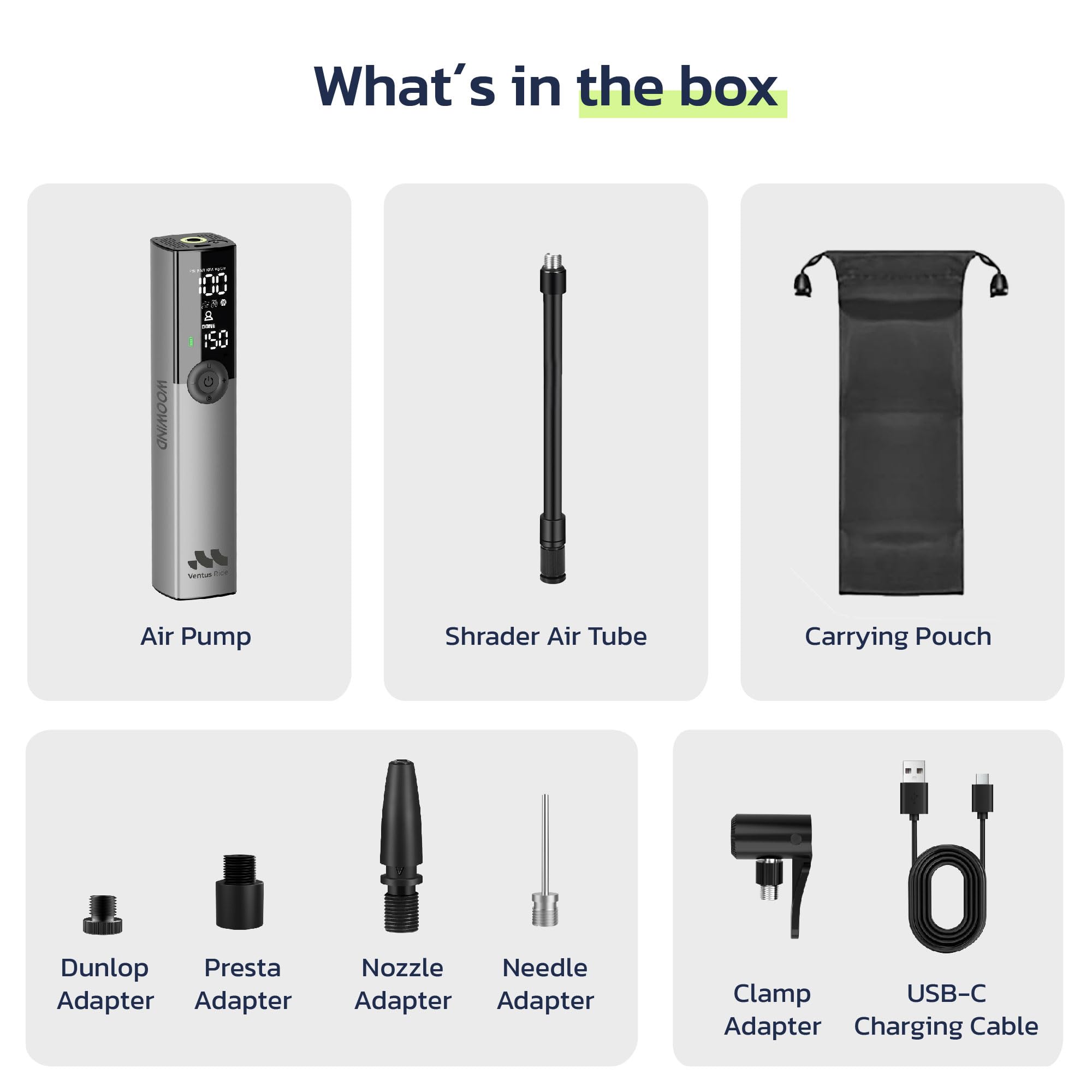 Woowind Ventus Ride Electric Bike Pump, 150PSI / 10.3Bar Tyre Pump, 1 Minute Inflation, Portable Air Pump with Presta, Schrader, and Dunlop Valve for Road, Mountain & E-Bike, with Auto Shut-Off — view 8