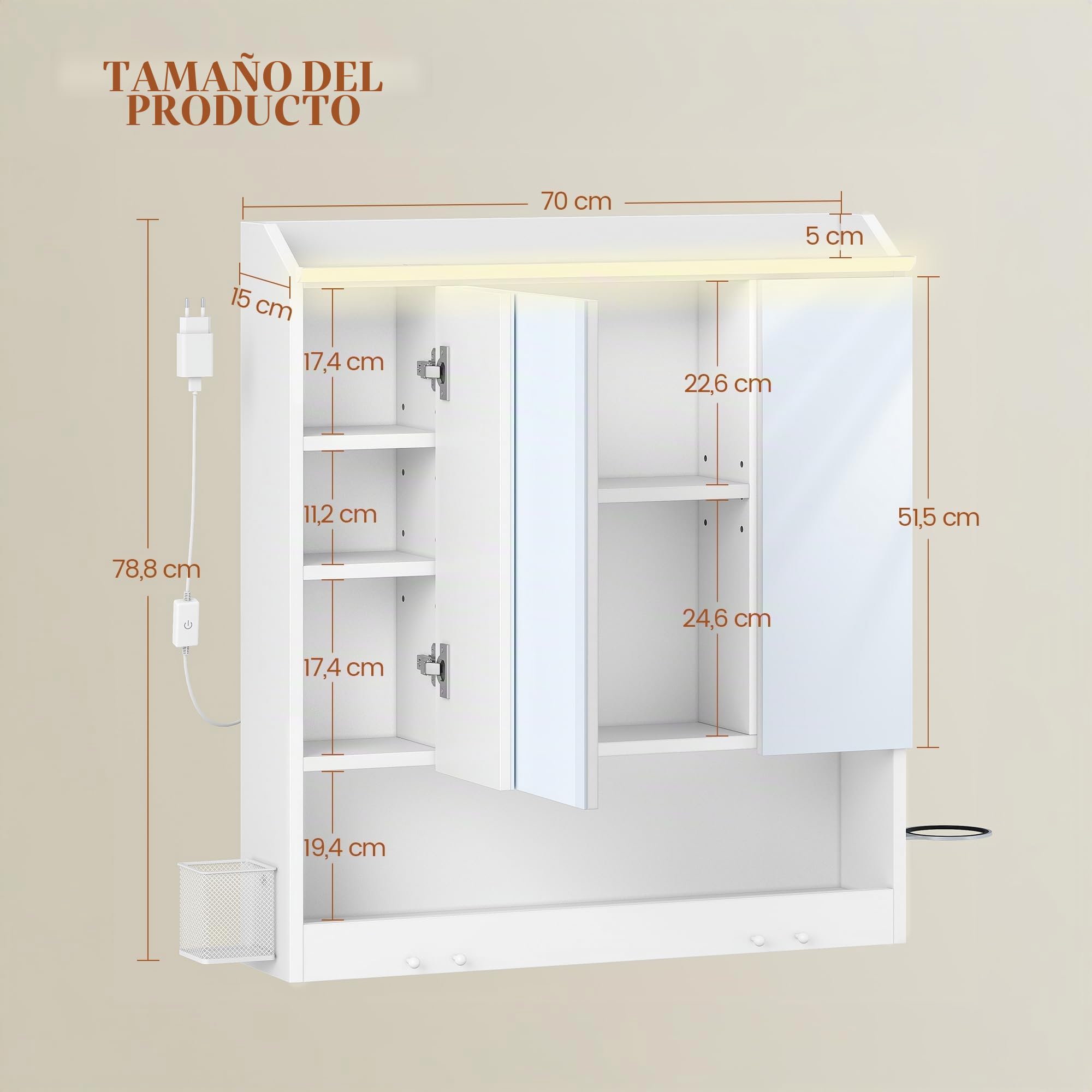 HEXCELEN Armario de Baño con Espejo y Luz LED, Armario de Pared, Compartimento Abierto, Estante Interior Ajustable, Mueble Espejo de Pared, Blanco, 15 x 70 x 78,8 cm 590303X