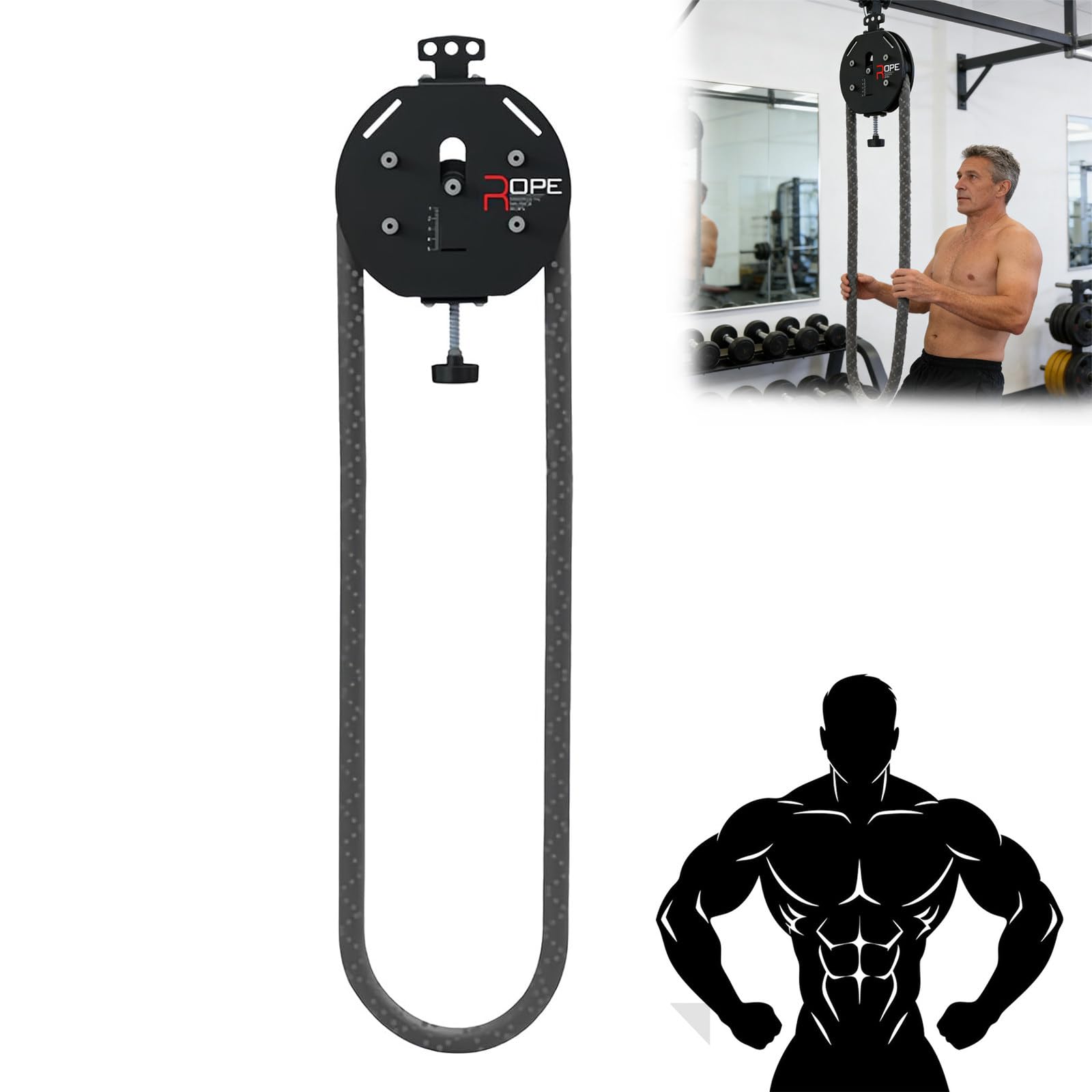 Máquina de Poleas para Gimnasio, Entrenador de Cuerda sin Fin Portátil, Resistencia Ajustable para Ejercicios en Casa de Agarre y Coordinación Black