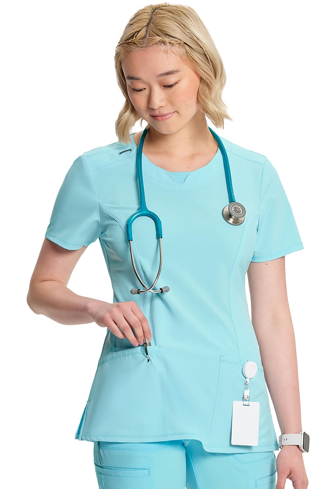 Cherokee Infinity 2624A Schlupfkasack für Damen, Rundhalsausschnitt, 3 Taschen, 360° Stretch, 2624A, Blau (Cloud Blue), Groß