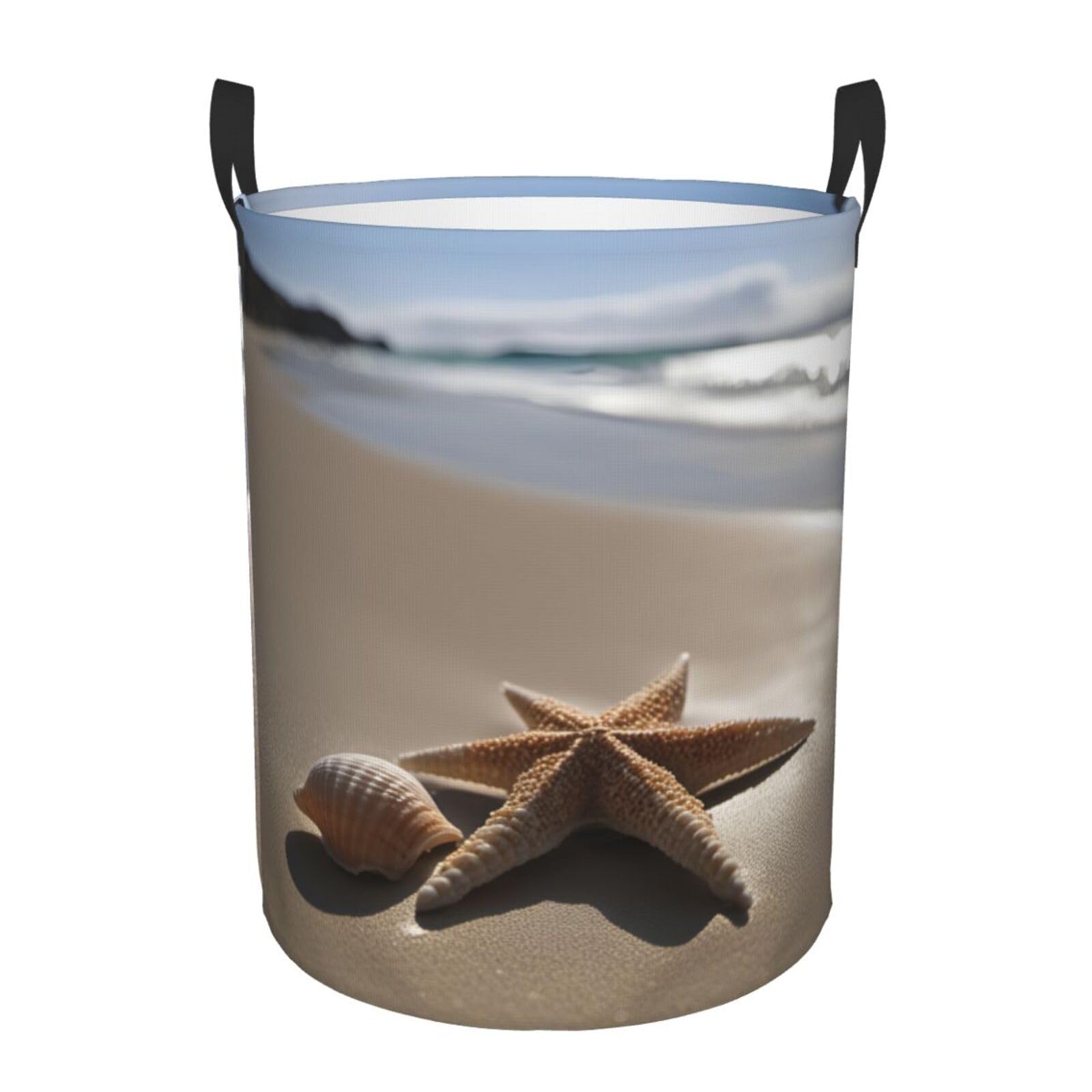 M Collapsible Laundry Hamper Round Starfish Seashell Sandy Beach Print Storage