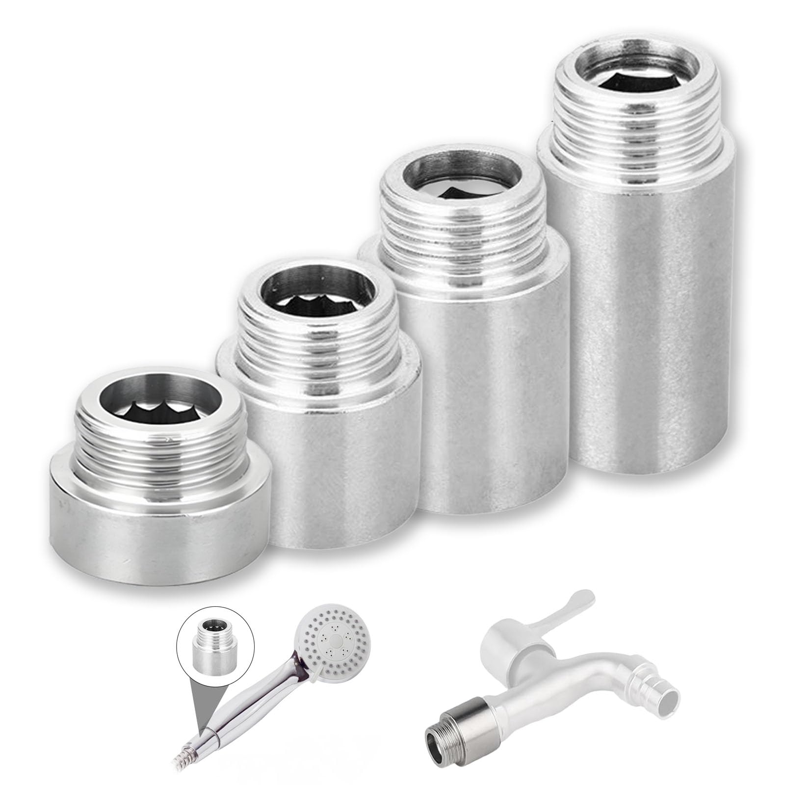 4 prolunghe per rubinetto in acciaio inox, 1/2", prolunga per soffione doccia con filettatura interna e filettatura esterna, attacco acqua 1/2" x 10 mm, 20 mm, 30 mm, 40 mm, per rubinetti e soffioni