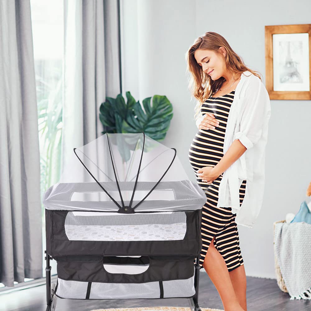 Cuna de Colecho para Bebé con Colchón, Función de Mecedora, Lateral Abatible, Altura Ajustable, Panel de Malla, Ruedas y Bolsa de Viaje 0-6 Meses (92 * 58 * 70-90cm)